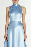 A Line Blue Halter Neck Satin Long Formal Dress