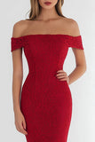 Red Lace Off the Shoulder Prom Dress