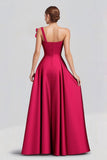 Fuchsia A-Line One Shoulder Bow Satin Long Formal Dress