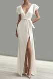 White Deep V Neck Mermaid Satin Formal Dress with Slit