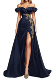 Sparkly Small Puff Sleeves Navy Blue Beaded Satin A Line Formal Dress with Slit