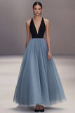 V Neck Black Blue Pleated Tulle Long Formal Dress