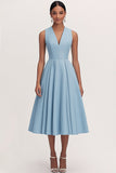 A Line V Neck Blue Pleated Formal Party Dress