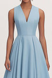 A Line V Neck Blue Pleated Formal Party Dress