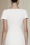 Fitted White Short Sleeves Straight Pencil Midi Formal Dress