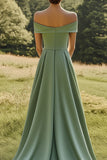 Sage Off The Shoulder Slim Formal Dress with Wide Hem