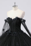 Black Ball Gown Off the Shoulder Tulle Quinceanera Dress with 3D Flowers