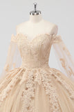 Princess Champagne Off the Shoulder Cape Sleeves Tulle Quinceanera Dress with Appliques