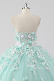 Princess Mint Ball Gown Strapless Tulle Quinceanera Dress with 3D Flowers