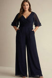 Navy V-neck Half Sleeves Chiffon Mother of the Bride Jumpsuits