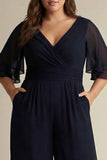 Navy V-neck Half Sleeves Chiffon Mother of the Bride Jumpsuits