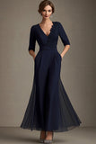 Navy A-Line Chiffon V-Neck Choir Dress with Half Sleeves