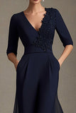 Navy A-Line Chiffon V-Neck Choir Dress with Half Sleeves