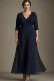 Navy V-neck Chiffon A-Line Half Sleeves Mother of the Bride Dress with Appliques