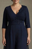 Navy V-neck Chiffon A-Line Half Sleeves Mother of the Bride Dress with Appliques