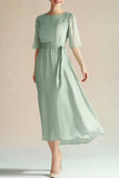 Light Green Chiffon Boat Neck A Line 3/4 Sleeves Calf Length Mother Dress