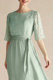 Light Green Chiffon Boat Neck A Line 3/4 Sleeves Calf Length Mother Dress