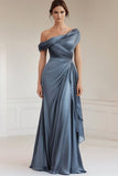 Grey Blue Mermaid One Shoulder Satin Ruched Formal Dress with Ruffles