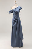 Mermaid Grey Blue One Shoulder Satin Ruched Mother Of Bride Dress with Ruffles