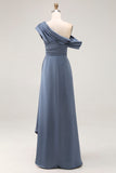 Grey Blue Mermaid One Shoulder Satin Ruched Formal Dress with Ruffles