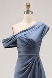 Grey Blue Mermaid One Shoulder Satin Ruched Formal Dress with Ruffles