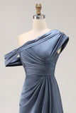 Grey Blue Mermaid One Shoulder Satin Ruched Formal Dress with Ruffles