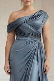 Mermaid Grey Blue One Shoulder Satin Ruched Mother Of Bride Dress with Ruffles