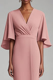 Pink V Neck Bodycon Chiffon Long Mother Dress with 1/2 Sleeves