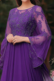 Elegant Purple A Line Shawl Sleeve Mother Dress With Appliques