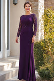 Lace 3/4 Sleeves Purple Sheath Length Belt Mother of the Bride Dress with Slit