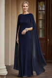 Flowy Navy Mermaid Chiffon Long Mother of the Bride Dress with Cape