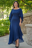 Navy Mermaid Ruffle Flowy 3/4 Sleeves Chiffon Long Mother of the Bride Dress