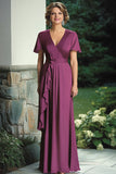 Purple Mermaid Wrap Short Sleeves V Neck Ruffles Chiffon Long Mother of the Bride Dress