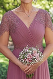 Sparkly Dusty Rose A-Line Wrap Sequined Short Sleeves Chiffon Long Mother of the Bride Dress