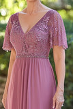 Chiffon Lace Applique V Neck Long Dusty Rose Mother of the Bride Dress with Short Sleeves