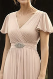 Elegant Chiffon V Neck Champagne Mother of the Bride Dress with Short Sleeves