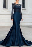 Mermaid Satin Lace Navy Mother of the Bride Dress with Long Sleeves