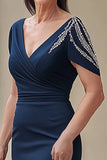 Navy V-neck Mermaid Satin Long Mother of the Bride Dress