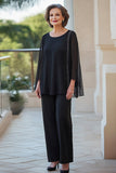 Black Round Neck Chiffon Long Sleeves 2 Pieces Mother of the Bride Pant Suits