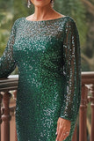 Green Sequins Sheath Round Neck Long Sleeves Long Mother of the Bride Dress