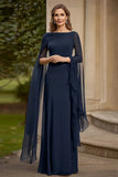 Navy Chiffon A Line Mother of Bride Dress with Flutter Sleeves