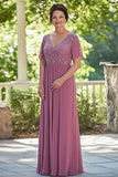 Chiffon Dusty Rose V-Neck Mother of Bride Dress with Half Sleeves