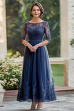 Elegant Navy Lace A Line Mother of The Bride Dress with 3/4 Sleeves