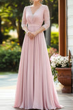 Pink Elegant Lace Chiffon Mother Of the Bride Dress with 3/4 Sleeves