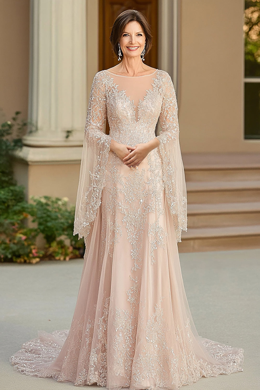 ZAPAKA Woman Elegant Beige Tulle Long Mother Of Bride Dress Sequin Boat Neck A Line Flutter Sleeve Wedding Guest Dress With Lace Appliques ZAPAKA AU ZAPAKA Woman Elegant Beige Tulle Long Mother Of Bride Dress Sequin Boat Neck A Line Flutter Sleeve Wedding Guest Dress With Lace Appliques ZAPAKA AU