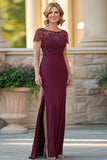 Elegant Burgundy Bodycon Lace Appliques Mother Of Bride Dress With Slit