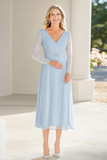 Lace Chiffon Sky Blue A Line V Neck Tea Length Mother of the Bride Dress with Belted