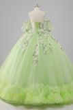 Princess Lemon Green Tulle Ball Gown Long Quinceanera Dress with Appliques