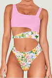 Pink One Piece Printed One Shoulder Swimwear