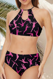 Black Printed Two Piece Halter Swimsuits